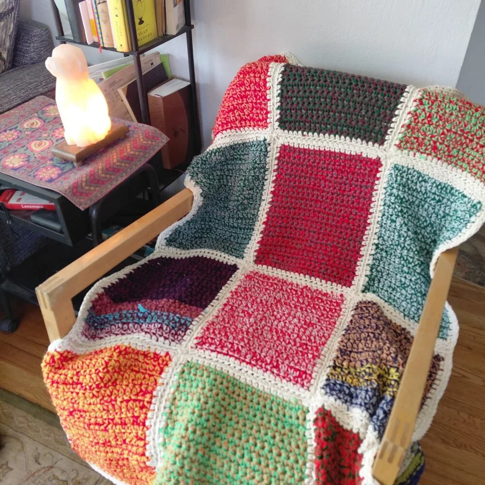 Vintage 70s Crochet Granny Square Panels Handmade Afghan Blanket Retro Boho